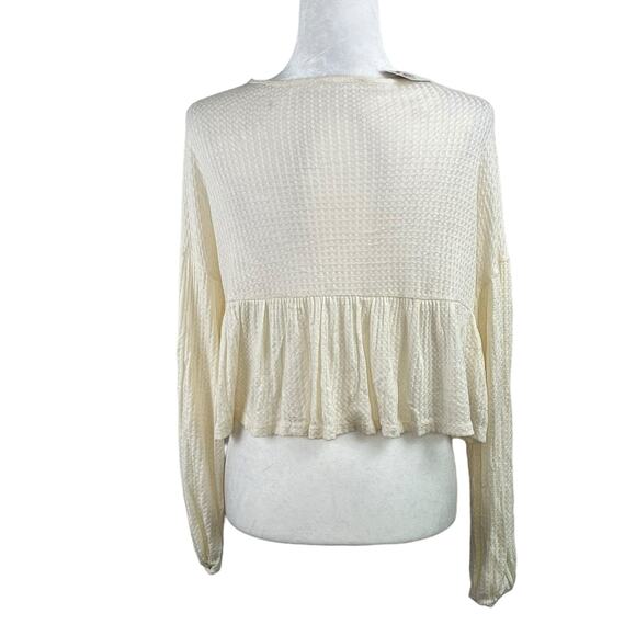 Lush Cream Waffle Knit Tie Front Peplum Babydoll Top Oversized Small/Medium NWT - Picture 3 of 13